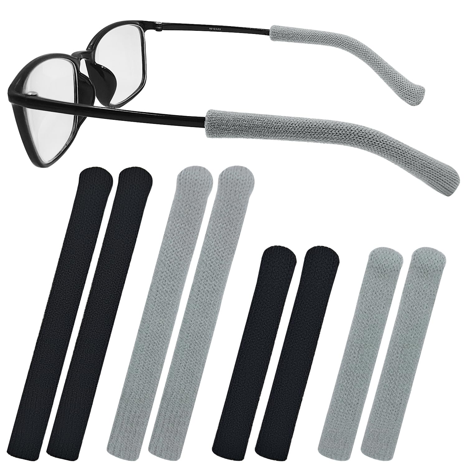 4 Pairs Anti-Slip Elastic Comfort Glasses Ear Grip, S/L, 2 Size, Eyeglasses Temple Tips Sleeve Retainer, Soft Well-Fitting Glasses Ear Cushion, Knitting Cotton Fabric Glassses Ear Grips, Black/Grey