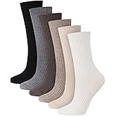 Shihanee 6 Pairs Wool Crew Socks for Women Soft Winter Ribbed Knit Slouchy Warm Cotton Mid Calf Socks for Neutral Aesthetic Cold Weather Daily Wear