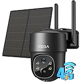 Xega 4G LTE Cellular Security Camera Solar with SIM Card,Wireless Outdoor No WiFi Security Camera,2K HD PTZ Night Vision Motion Detection 2 Way Talk TF&Cloud Storage IP66, Built-in SIM Card