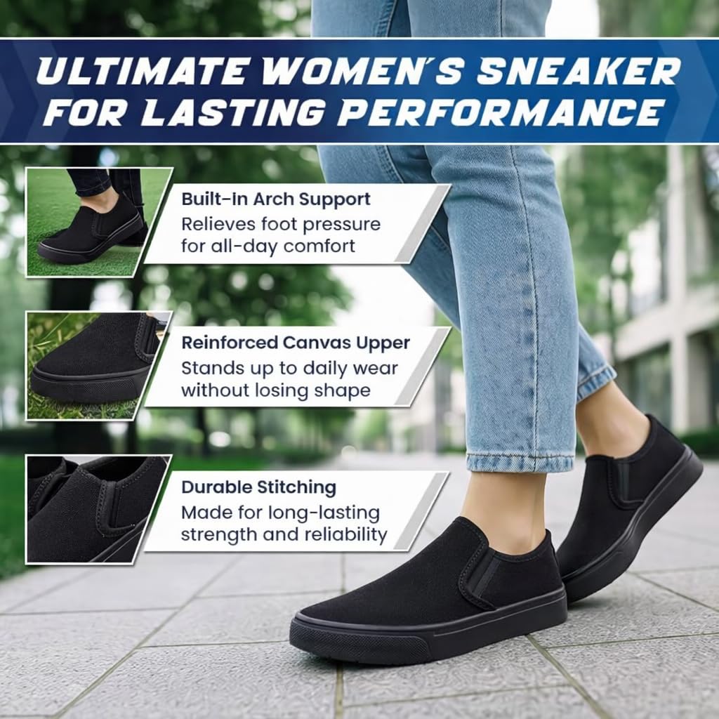 Emma Shoes Low-Top Slip Ons Women's Fashion Sneakers Casual Canvas Sneakers for Women Comfortable Flats Breathable Padded Insole Slip on Sneakers Women Low Slip on Shoes, All Black, 9