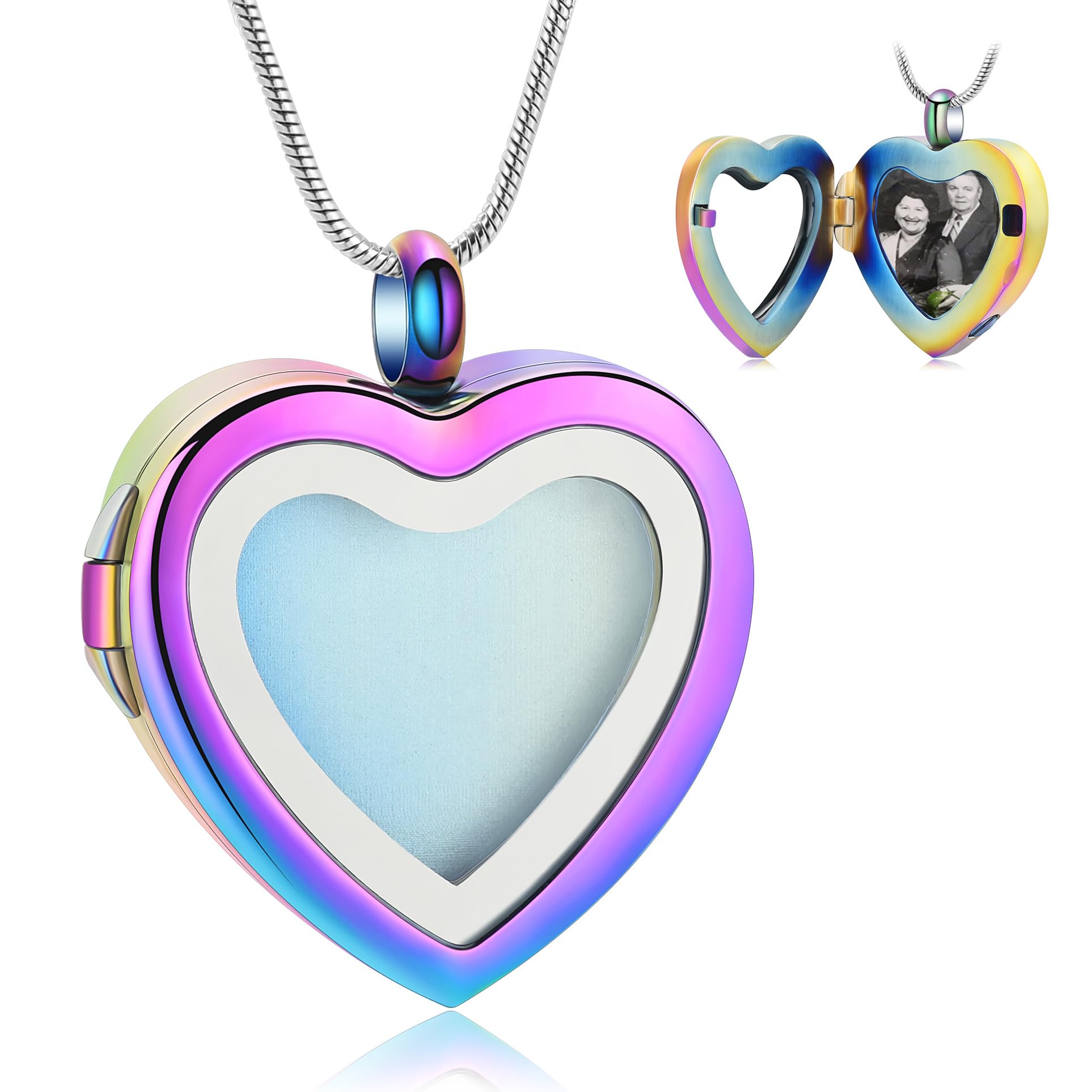 QGJNSGC Cremation Jewelry Necklace for Ashes Heart Shaped Memorial Picture Lockets for Ashes Stainless Steel Keepsake Urn Ashes Pendants That Holds Pictures Photo (Rainbow)