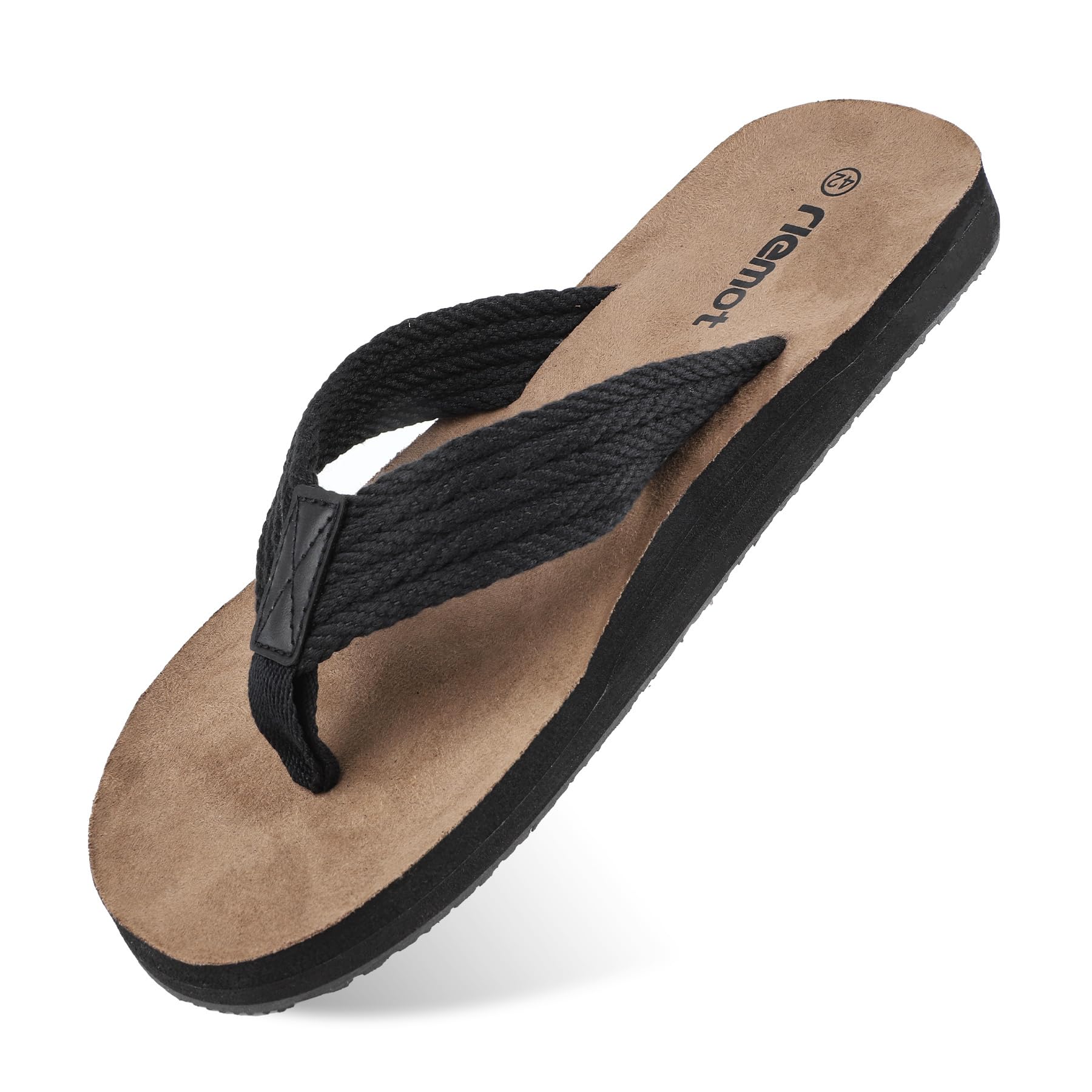riemot Herren Flip Flops mit Fußgewölbeunterstützung, bequeme Zehentrenner mit starkem Nylonriemen, weichem Mikrovelours-Fußbett und TPR-Laufsohle für Strand, Urlaub, Sommer und Alltag Schwarz EU43