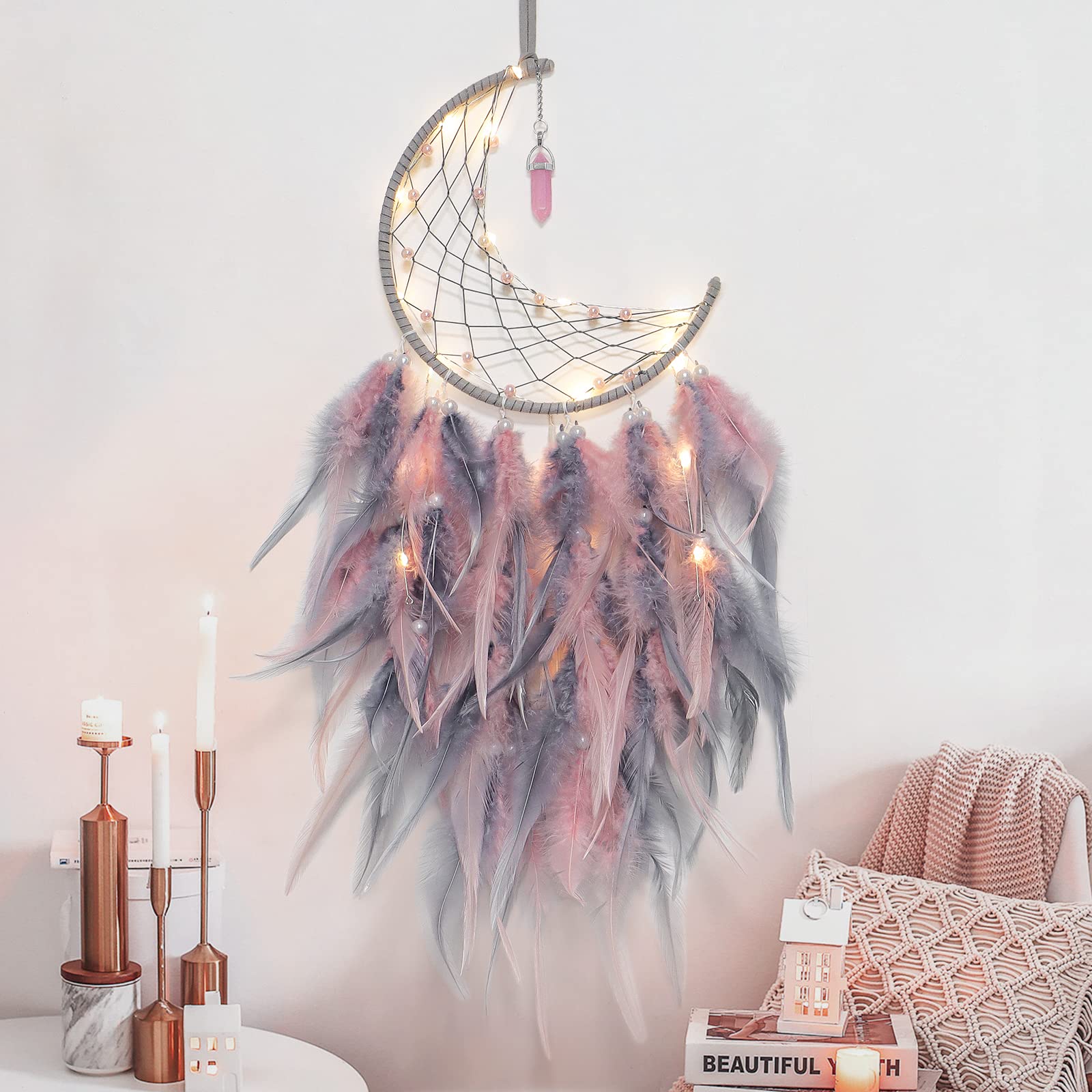 Dremisland Moon Dream Catcher with Fairy Lights Indian Dreamcatcher Kids Bedroom Accessories Pink Grey Feather Lucky Turquoise Pendant Wall Hanging Decoration for Home Bedroom Craft Gift