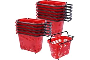 PINELICORN 12PCS Plastic Shopping Basket with Handles & Wheels, 35L Rolling Shopping Carts, Grocery Basket with 4 Wheels and Handle, Portable Shopping Baskets for Retail Stores, Supermarkets (12PCS - Red)