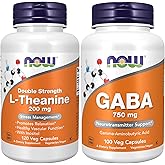 NOW Foods Supplements, L-Theanine 200 mg with Inositol, Stress Management*, 120 Veg Capsules with Now Supplements, GABA (Gamma-Aminobutyric Acid) 750mg, 100 Veg Capsules