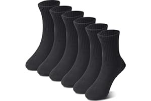 BONANGEL Kids Athletic Crew Socks, 6 Pairs Boys Girls Cotton Dress Socks, Unisex Kids School Uniform White Black Socks