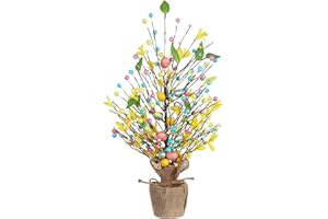 Easter Decorations, DECSPAS 20 Inch Easter Tree Table Centerpiece for Easter Decor, Easter Eggs Yellow Floral Leaves Burlap Base Easter Decorations Indoor, Easter Decorations for The Home, Mantel