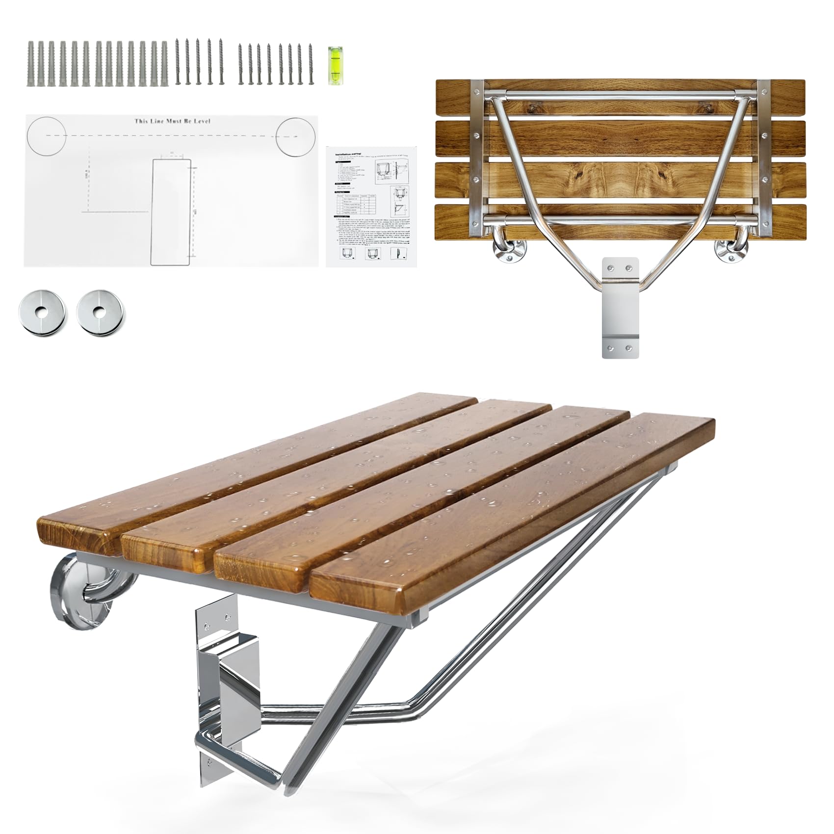 Photo 1 of ??????? 24 Inch Folding Teak Shower Seat, Wall Mounted Teak Wood Shower Seat with 316 Stainless Steel Bracket & Finish Caps, 550lb Capacity, for Elderly Disabled, Kids