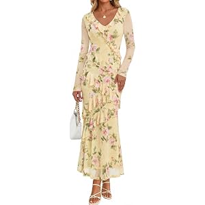 ZESICA Wedding Guest Dresses for Women Fall Long Sleeve Floral Maxi Dress | 2026 Early Fall Fashion, Bodycon, V Neck, Mesh Fa