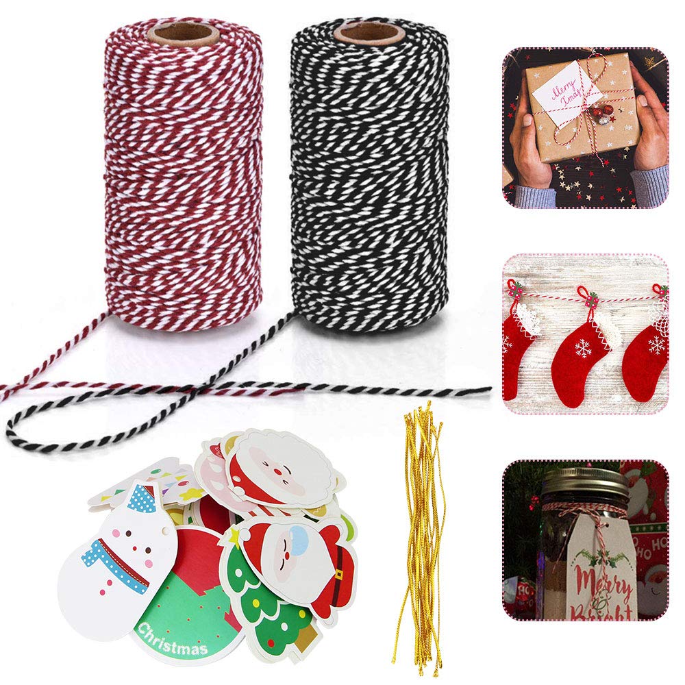 DECARETA Christmas String Twine, 200 Yard Durable Cotton Baker Twine, Wrapping Rope Cords with 14 Christmas Cards for Kraft Paper DIY Crafts, 2 Rolls, 2 Colors