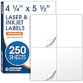 4.25" X 5.5" Matte White Shipping Labels Compatible with Inkjet and Laser Printers - 250 Sheets, 1000 Total Printable Stickers for Mailing and Organization - Spartan Industrial Template R023