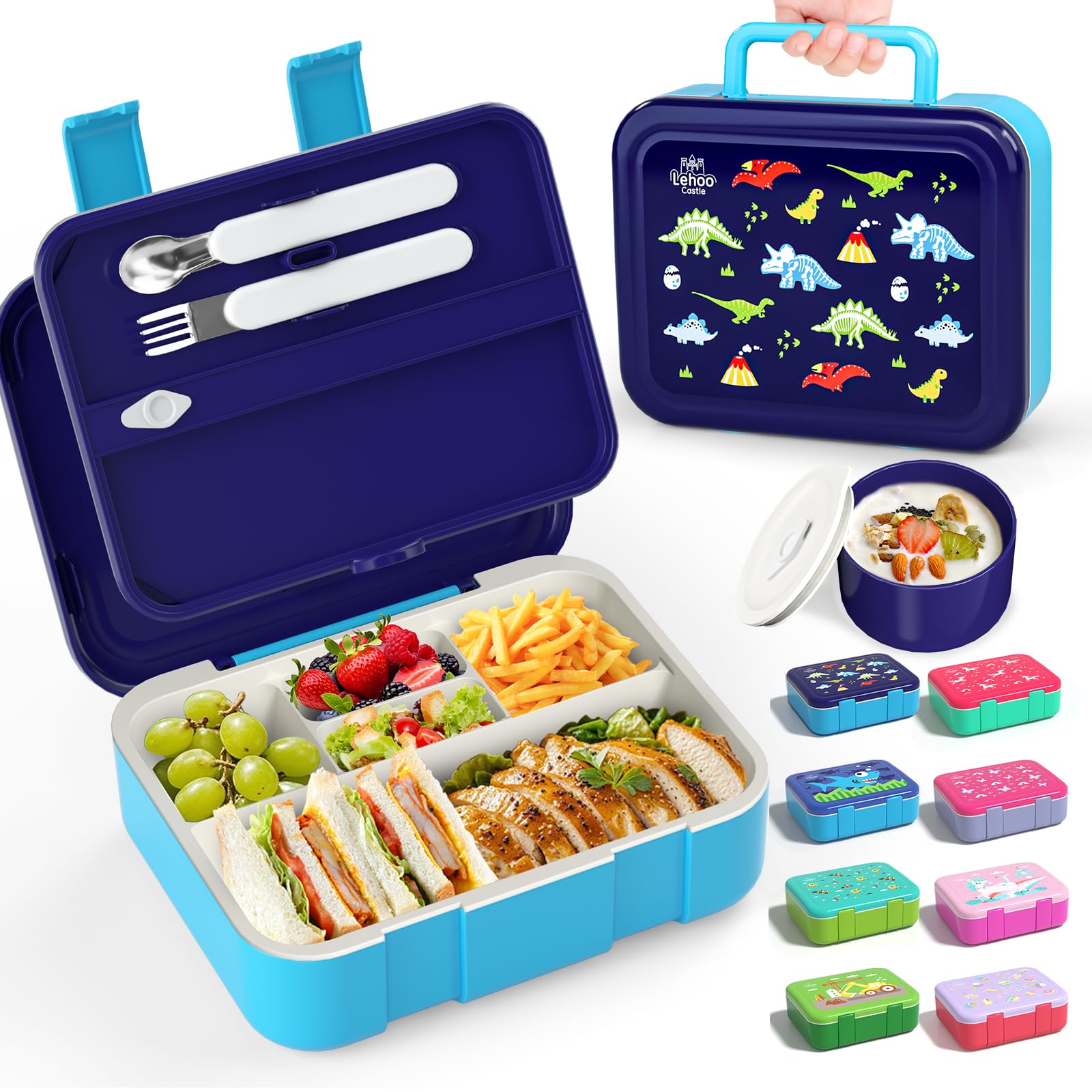Lehoo Castle Kids Bento Lunch Box, 5 Compartments Lunchbox,1.25L Lunch Containers with Sauce Jar & Spoon & Fork for Boys Girls School, Leakproof, BPA-Free(Dinosaur)