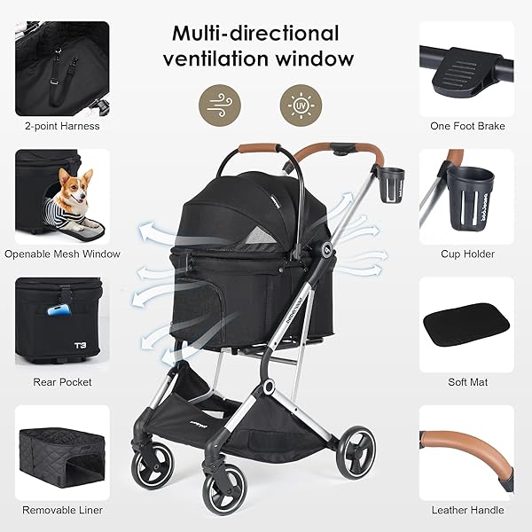 BEBEROAD PETS T3 PRO 3-IN-1 SMALL PET STROLLER FOR DOG & CATS, 4 WHEELS WITH DETACHABLE CARRIER WITH PAD, CANOPY AND CUP HOLDER (BLACK)