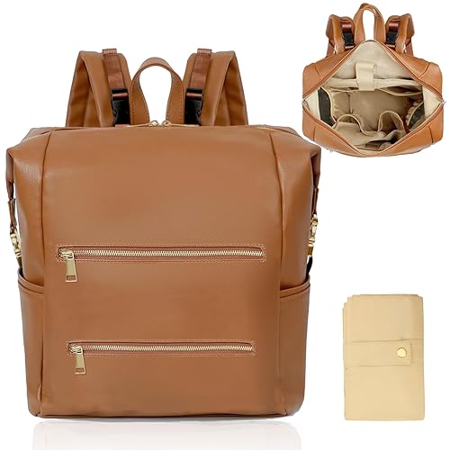 Omanmoli Diaper Bag Backpack Baby Diaper Bag with 15 Pockets Travel Backpack,2 Insulated Pockets,Stroller Straps,Changing Pad,Brown
