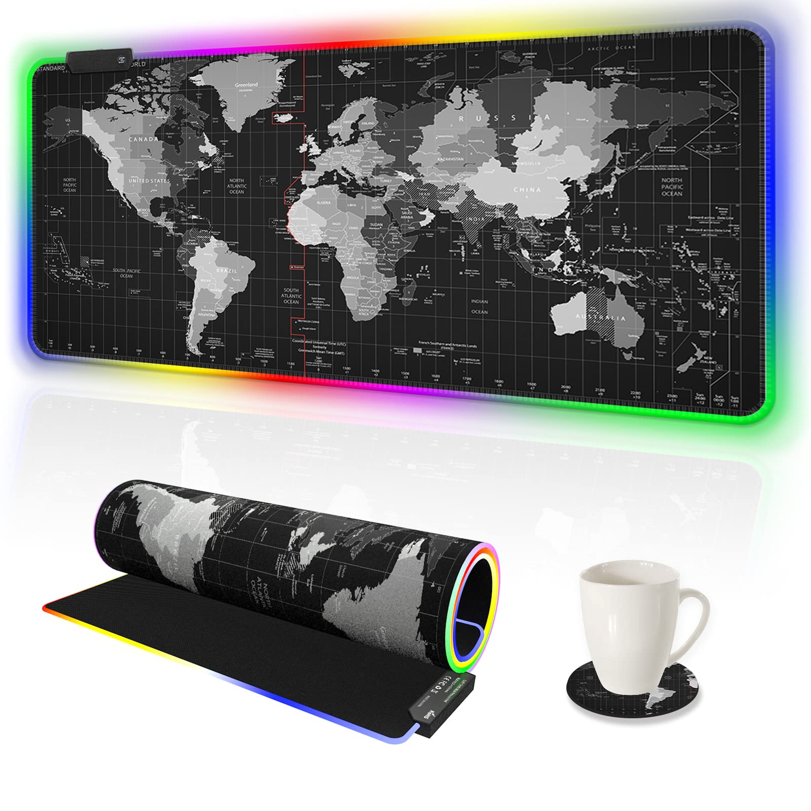 AIMSA RGB Gaming Mouse Pad Extended, Large Led Mousepads Non-Slip Rubber Base with 14 Lighting Modes, Computer Keyboard Mat Soft Desk pad Waterproof 35.4 x 15.8 inches, Black World Map