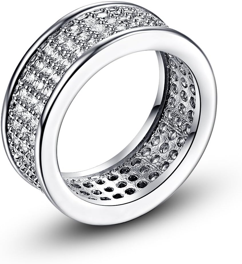 Empsoul Women 925 Sterling Silver Plated Wide Band Micro Pave White Topaz Eternity Round Wedding Ring Size 10