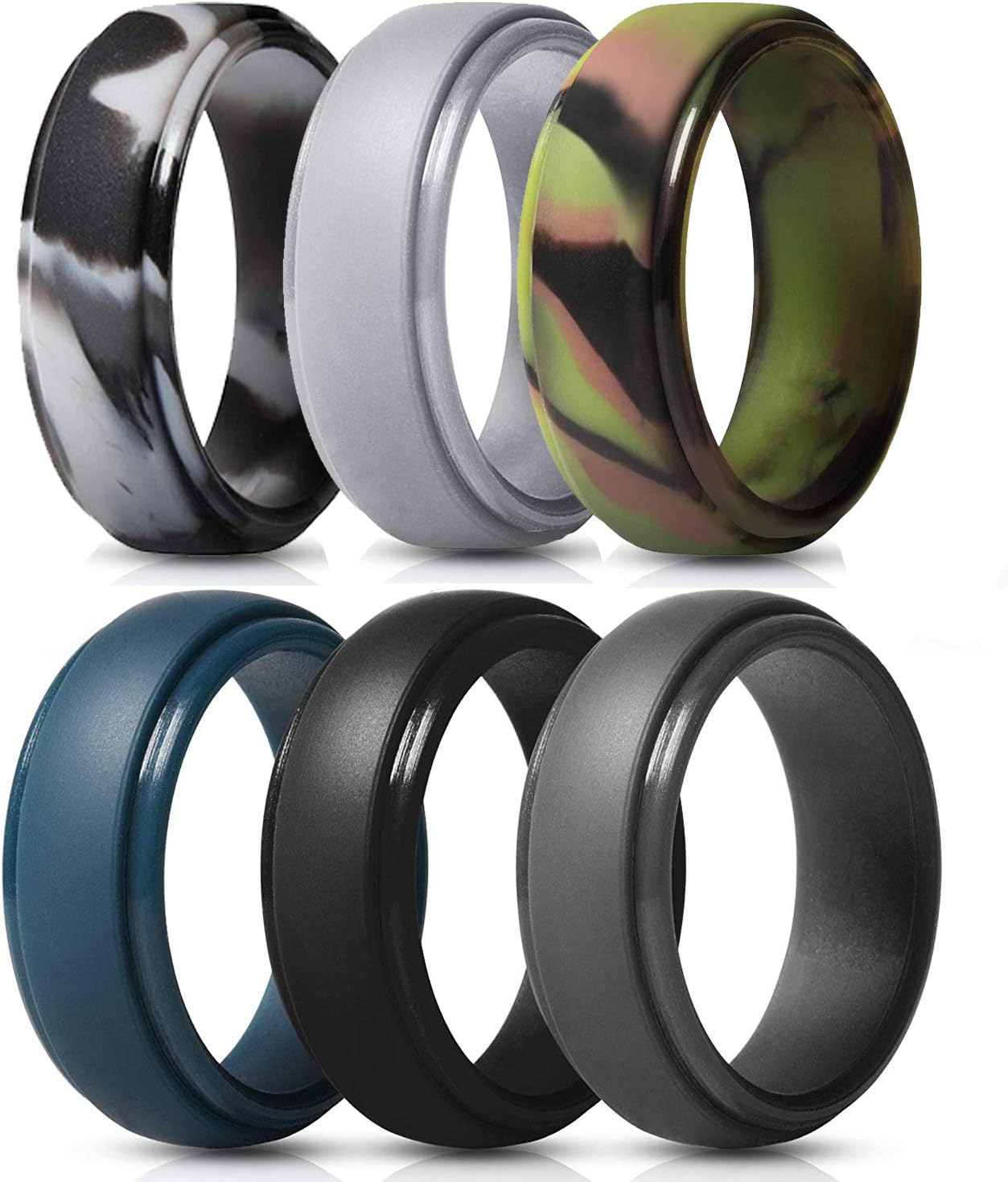 EJAYOUNGer Silicone Wedding Ring for Men, 6 Pack Silicone Rubber Wedding Bands - Comefortable Fit and Skin Safe, Step Edge Sleek Design for Workout, Exercise & Gym, Size 7-13