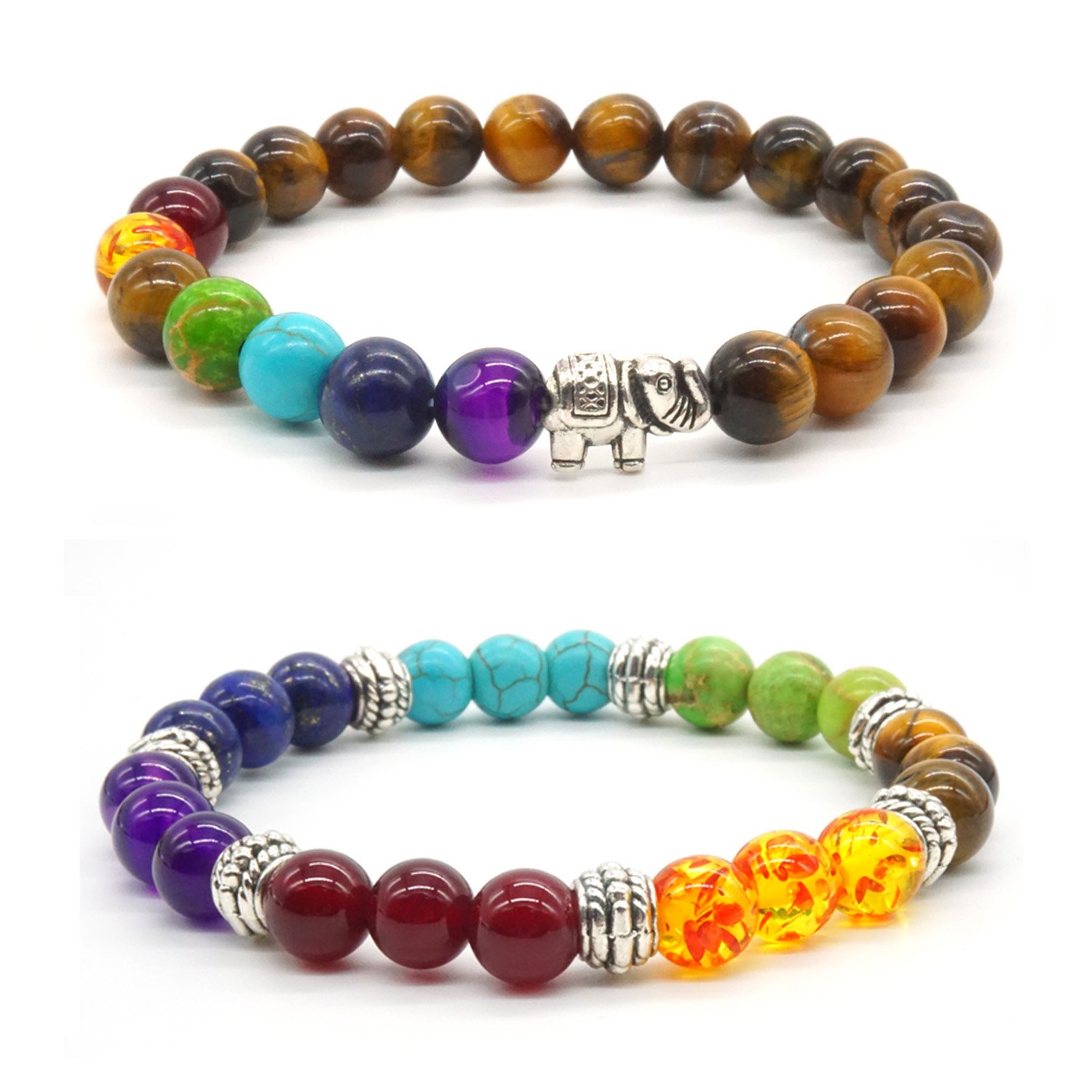2X Women Men Stone Bracelet, Zen Buddhism Cuff Elephant Energy Therapy Yoga Bracelet 7 Chakra Healing Balance Buddha Bracelet, Tigereye -Lucky Elephant