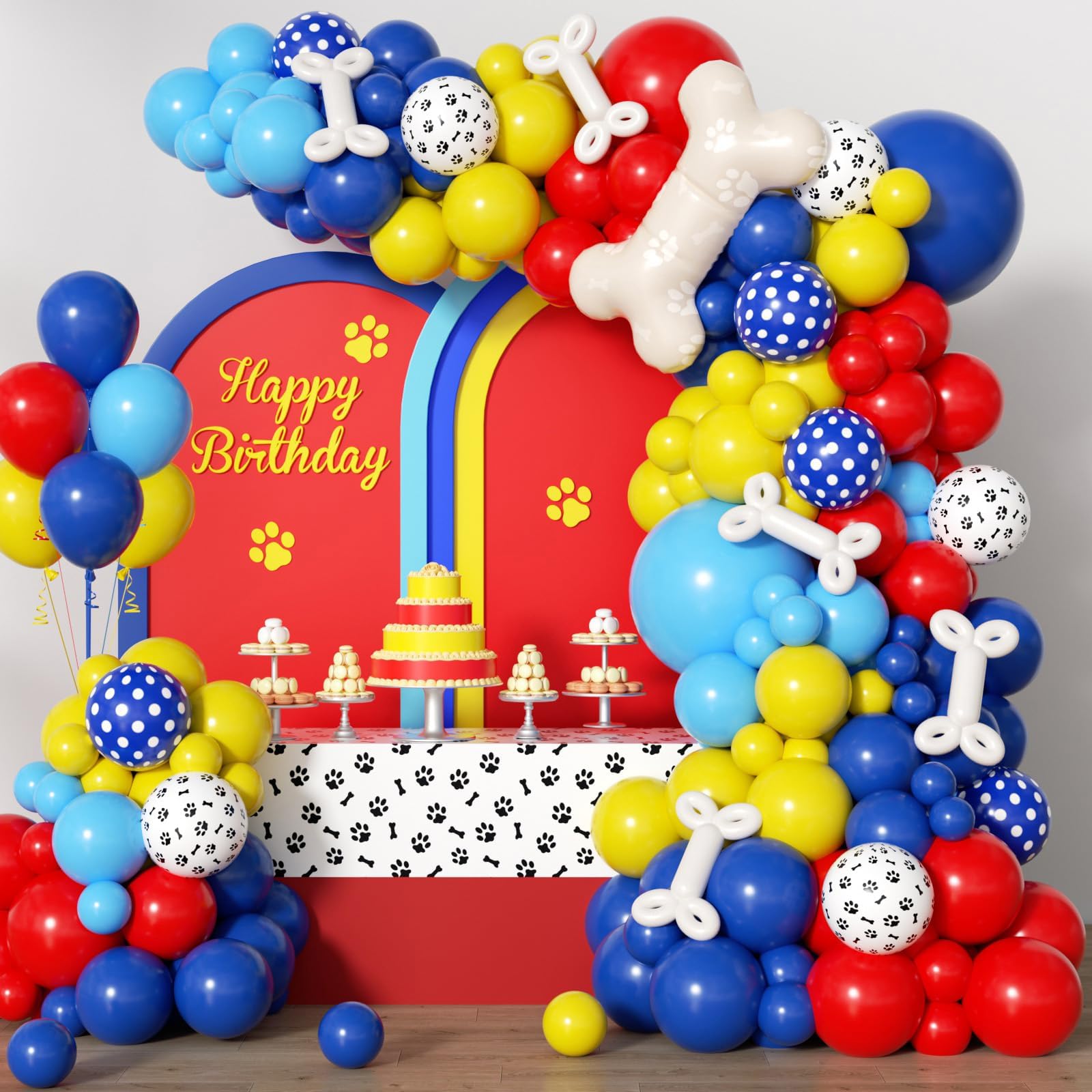 Photo 1 of 152pcs Paw Balloons Garland Arch Kit, Paw Print Balloon with Dog Bone Foil Balloons Royal Blue Yellow Red Balloons for Baby Shower Themed Birthday Party Decorations
