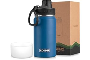 koodee Small Water Bottle 12 oz Stainless Steel Triple Wall Vacuum Insulated Wide Mouth Bottle with Leakproof Spout Lid (Navy)