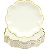 AimFun Beige Party Plates Cream Dessert Paper Plates 7inch Gold Foil Scalloped Edge Disposable Cake Plates for Tea Party Birthday Bridal Baby Shower Wedding Party Supplies (48, Beige)