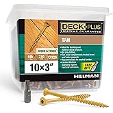 Deck Plus Wood Screws, #10 x 3in, 5lb Box 310 Pieces, Tan | Epoxy-coated steel, Self-drilling point with star/torx drive and T25 bit, For decking, fencing, and treated lumber