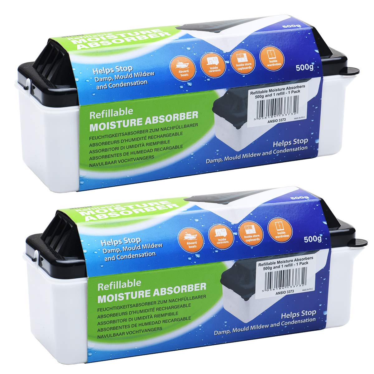 ANSIO Refillable Moisture Absorbers 500 grams, Condensation Remover Dehumidifiers for Damp, Mould, Moisture in Home, Kitchen, Wardrobe, Bedroom, Caravan, Office, Garage, Bathroom – Pack of 2