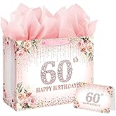 Laidans Rose Gold 60th Happy Birthday Gift Bag with Tissue Paper and Card for Women Party Supplies (Rose Gold) (60th)