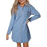 Sidefeel Women's Collared Denim Dress Casual Long Sleeve Button Down Jean Shirt Dresses with Pockets