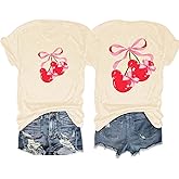 Magical Shirt for Women Pink Bow and Cherry Graphic T Shirt Casual Holiday Cute Trendy Tee Tops