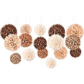 AOBKIAT Fall Party Decorations,16 PCS Brown Paper Pom Poms,Hanging Flowers for Boho Baby Shower,Bridal Shower,Rustic Wedding,Thanksgving Pumpkin Party,Class School Office Decor