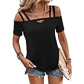 Bliwov Womens Cold Shoulder Tops Short Sleeve Cute Sexy Summer Spring Beach Vacation T Shirts Fashion Outfits Basic Clothes