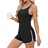 YYA Summer Pajamas for Women set Ribbed Pajama Short Set Color Block Tank&Shorts Loungewear Sleepwear, S-XXL