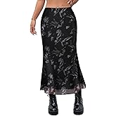 Avanova Women Boho Floral Mesh Long Skirts Elastic High Waisted Mermaid Hem 90s Grunge Maxi Skirt Black Grey Medium
