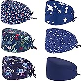 6 Pack Scrub Caps Women Surgical Caps Working Cap with Buttons Sweatband Adjustable Tie Back Bouffant Hats Elastic Scrub Hats Nurse Hat for Women Men