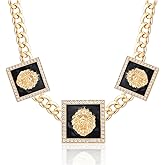 Aononu Women's Statement 3 Square Lion Heads Choker Chain Necklace Hip Hop Chunky Chain Crystal Necklaces Punk Party Costume Cocktail Animal Jewelry