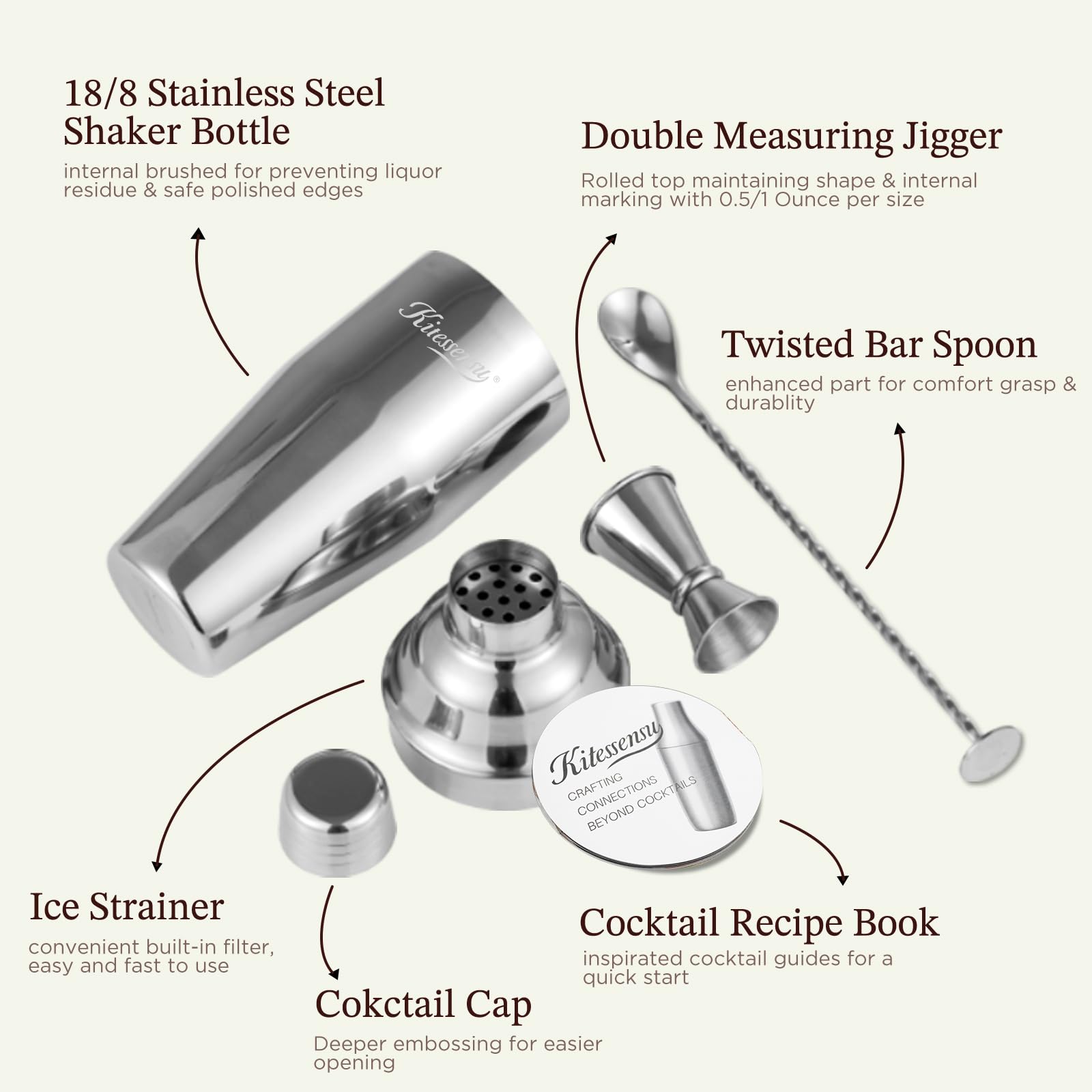Cocktail Shaker, KITESSENSU 24oz Drink Shaker with Bartender Strainer, Measuring Jigger, Bar Mixing Spoon, Cocktail Recipe Guide, Professional Drink Mixer Set for Beginners, Silver - Image 3