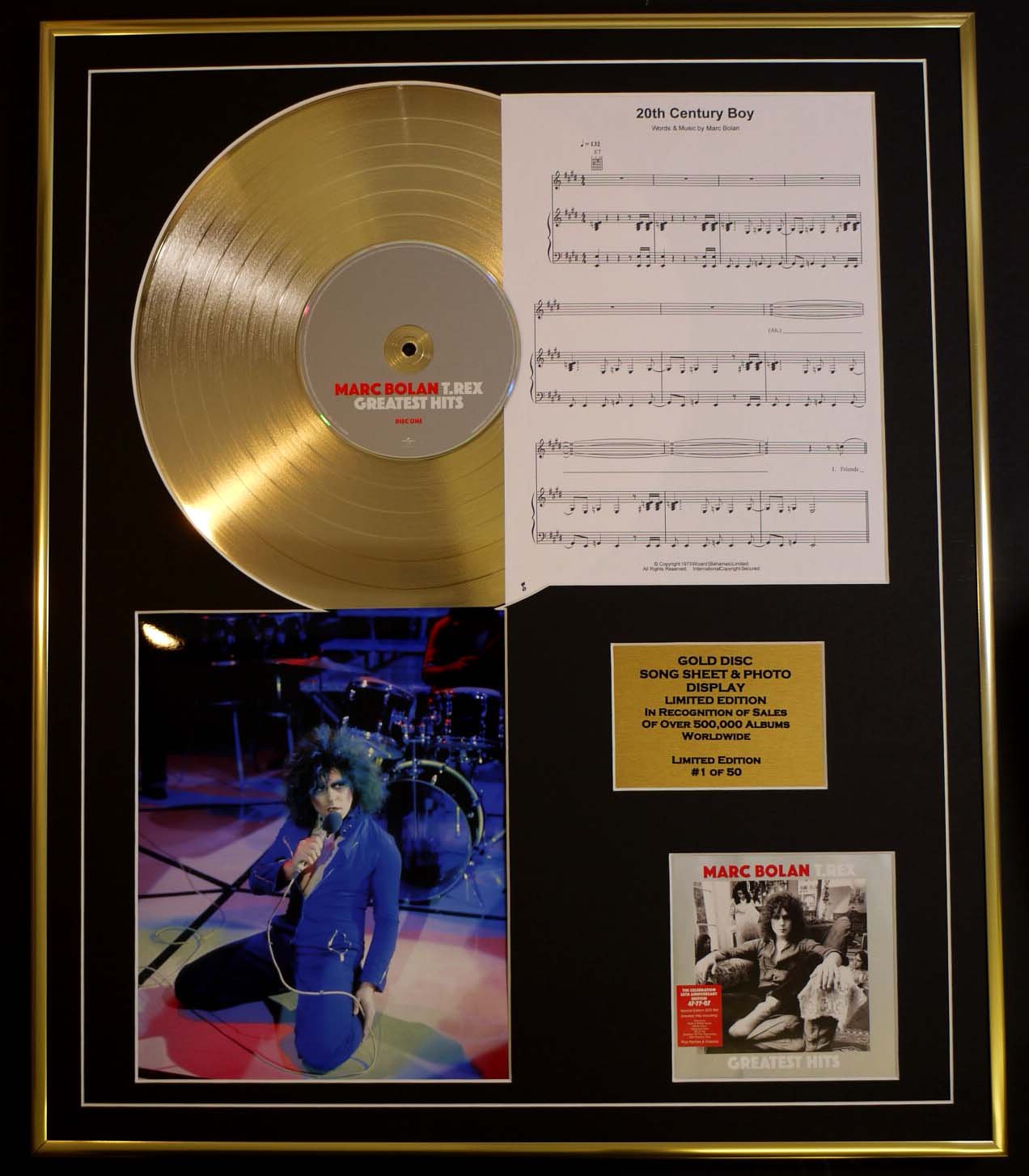 MARC BOLAN/CD GOLD DISC, SONG SHEET & PHOTO DISPLAY/LTD. EDITION/COA/ALBUM, GREATEST HITS/SONG SHEET, 20TH CENTURY BOY