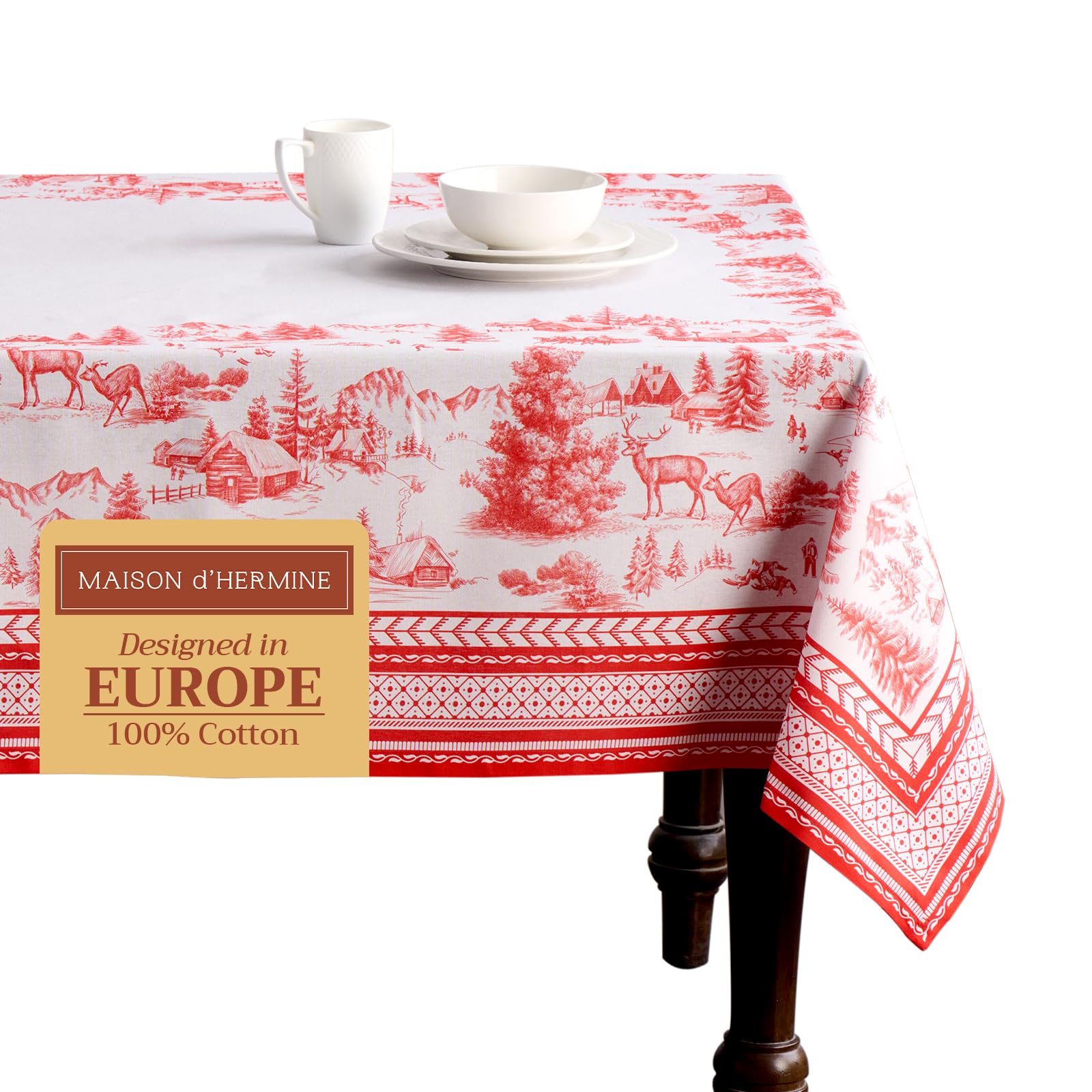 Maison d' Hermine Table Cloth Rectangle Table 100% Cotton 230 cm x 140 cm Tablecloth Reusable Everyday Use for Christmas Decorations Dining Farmhouse Home Party Festive (Winter Jouy)