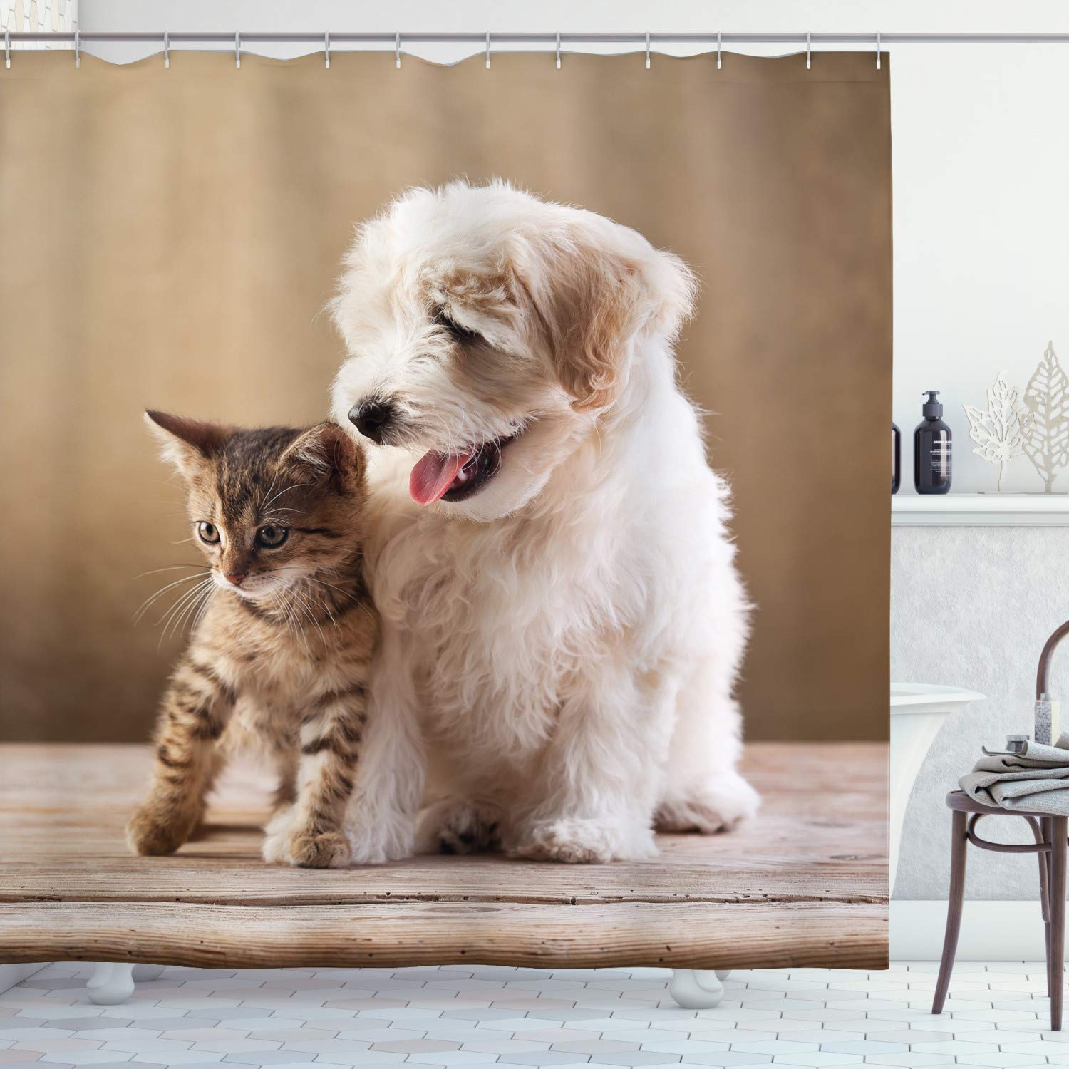 ABAKUHAUS Animal Shower Curtain, Baby Cat Kitten and Puppy Dog Best Friends Image Photo Artwork, Cloth Fabric Bathroom Decor Set with Hooks, 175 x 200 cm, Brown White Sand