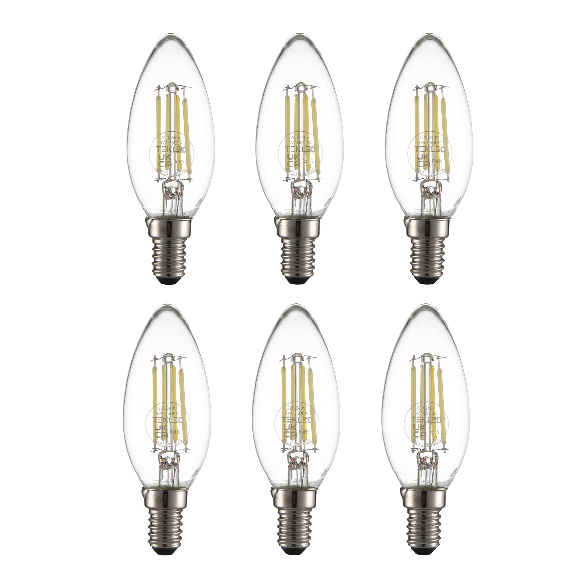TEKLED® C35 Candle Filament Vintage LED Bulbs | E14 Small Edison Screw | Energy Saving 4W Light Bulb 40W Equivalent | NONDIMMABLE Clear 6500K 470LM | 6-Pack | Daylight