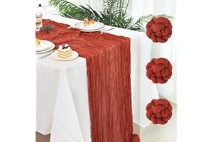 Fixwal 3 Pack Fall Thanksgiving Terracotta Cheesecloth Table Runners, Pleated Boho Gauze Table Runner, Long Semi-Transparent Table Decorations for Party, Shower, Birthday and Wedding(35x120 Inch)