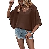 Urchics Chiffon Batwing Tops for Women Short Sleeve V Neck Blouse Tops V-Neck Casual Loose Summer Top Shirts