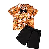 Rtnnsbbfcm Toddler Baby Boy Halloween Outfit Short Sleeve Bow Tie Pumpkin Ghost Button Down Shirt Top Shorts 2Pcs Set