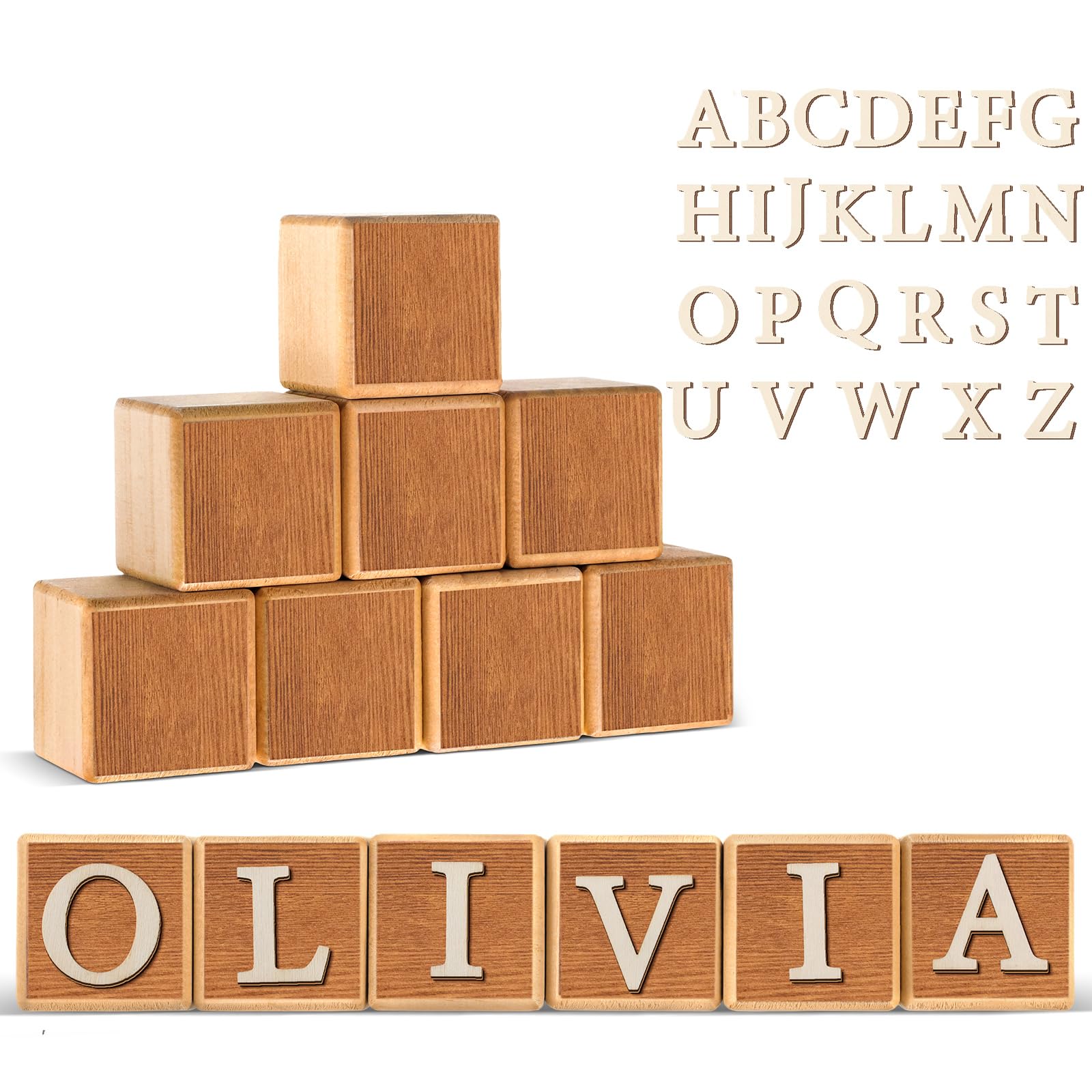 Photo 1 of Kigley 8 Pcs Custom Wooden Name Sign 8 Letter Blocks and 78 Wooden Letter Name Wooden Cubes Wooden Blocks for Montessori Shower Name Alphabet Wood Signs(Wood)