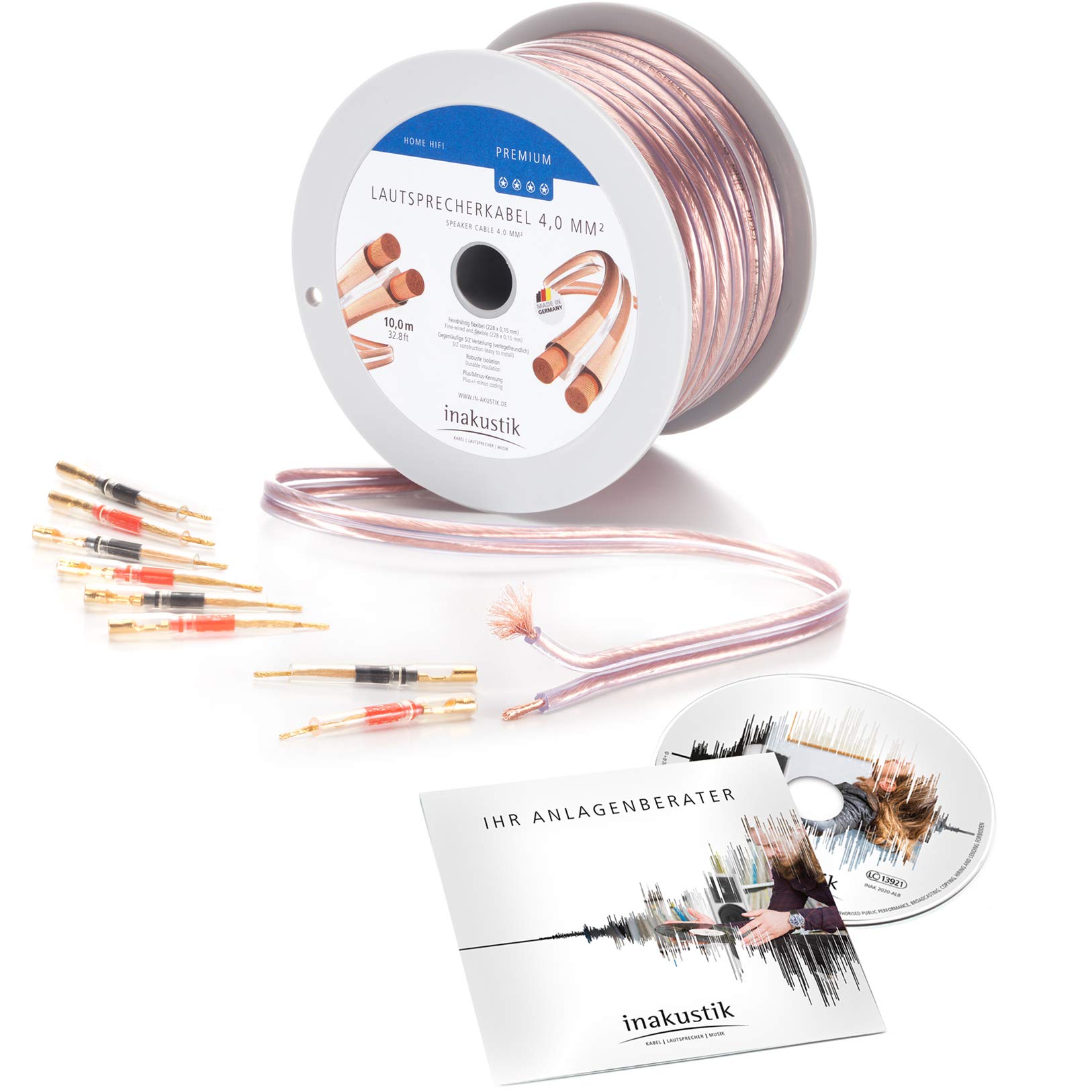 inakustik 00402410A Premium Speaker Cable 10 m Transparent 2 x 4.0 mm² Includes 8 Flexible Pins and CD Consultant Easy Installation S/Z Wiring Colour Coded Item 00402410A