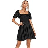 R.Vivimos Women's Summer Cotton Short Sleeve Square Neck Elastic Smocked Ruffle Floral Print Swing Mini Dress