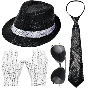 Pop Star Adult Costume Accessories,Outfit for 70s 80s Disco Party,Halloween | Shiny Sequin Dance Outfit with Top Hat,Gloves,T