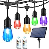WENFENG 48FT Solar Outdoor RGB String Lights, 15+3 Waterproof Shatterproof LED Bulbs Dimmable Patio String Lights with Remote, Commercial Solar String Light for Patio Yard