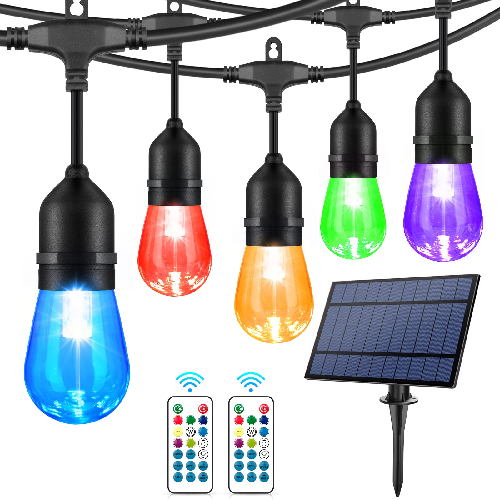 Photo 1 of WENFENG 48FT Solar Outdoor RGB String Lights, 15+3 Waterproof Shatterproof LED Bulbs Dimmable Patio String Lights with Remote, Commercial Solar String Light for Patio Yard
